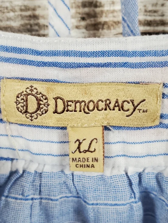 Democracy Blue Striped Boho Peasant Top with Red Embroidery and Lace Trim - Picture 2 of 14